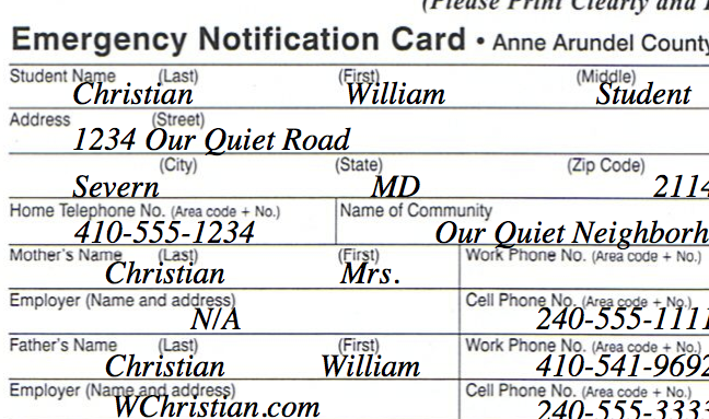 Sample AACPS Emergency Notification Card